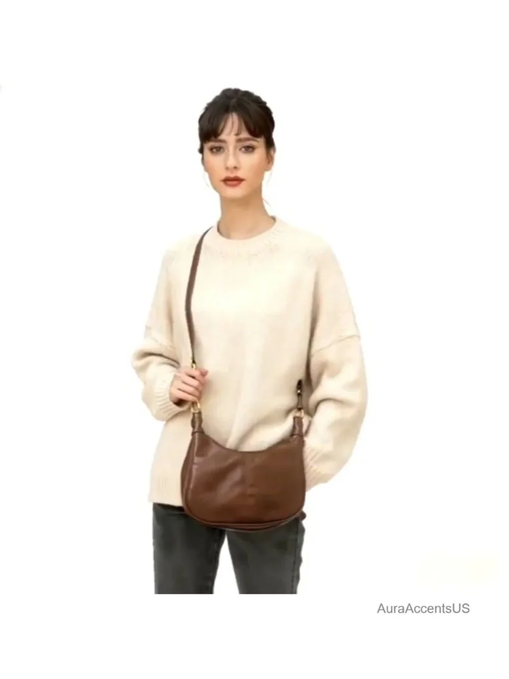 Small Hobo Bag Crescent Shoulder Purse Vegan Leather Brown
